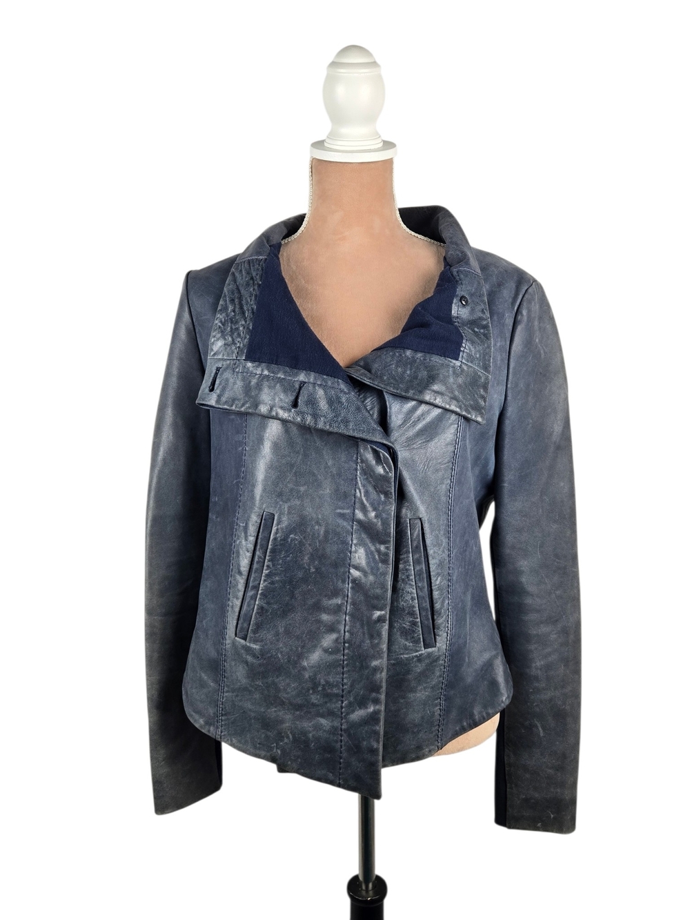 BCBGMAXAZRIA Leather Moto Jacket Indigo Blue Size L